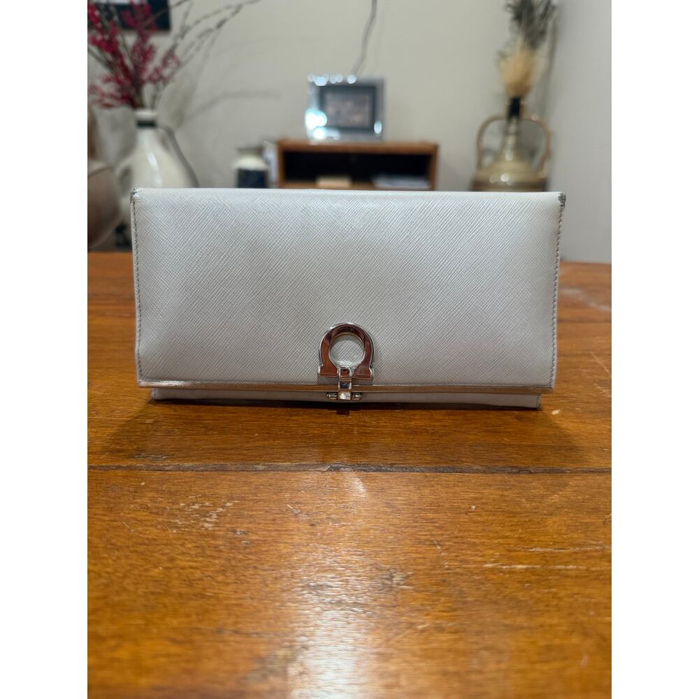 Salvatore Ferragamo Gancini Continentsl Silver Saffiano Wallet